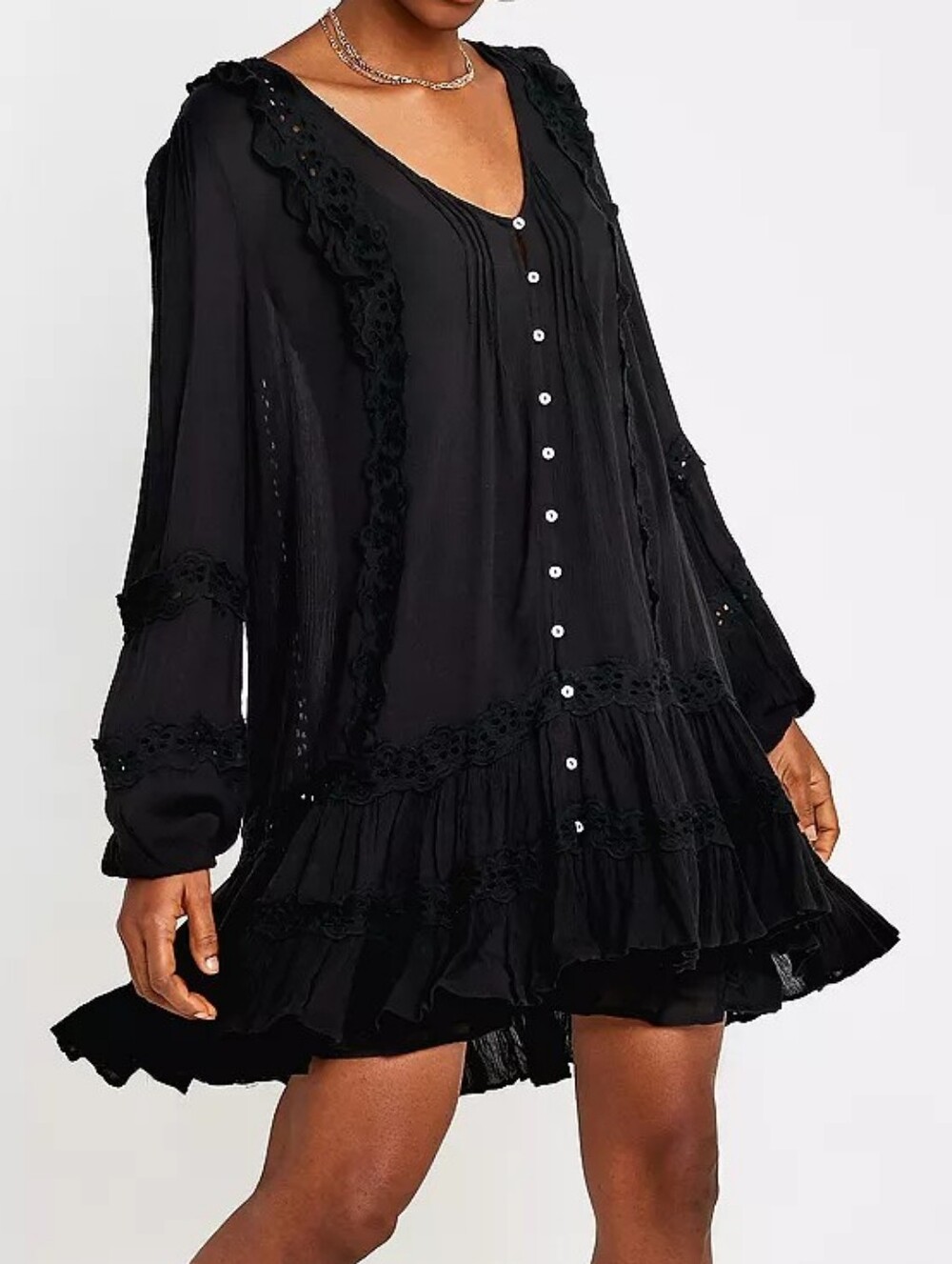 Free People Snow Angel Ruffle Eyelet Black Swing Mini Dress Size Medium